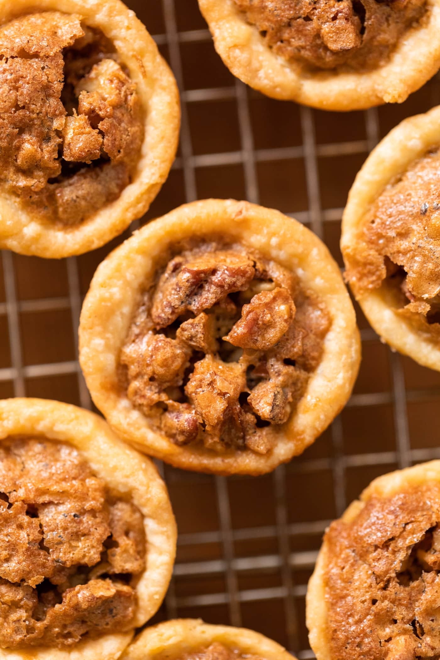 Close up view of small bite-size pecan pie with flaky crust sitting on cooling rack surrounded by other small pies