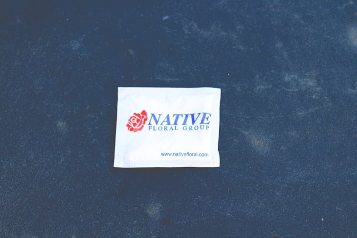 Slate surface with a small packet of flower food in a white package with the word Native.