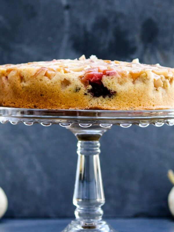 Harvest apple cake with bits of apple and blackberry dotting cake on cake stand with dark gray slate background