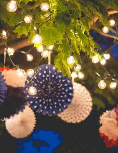 Lights strung from tree branches along with patriotic fourth of July pinwheels in red, white, and blue colors.