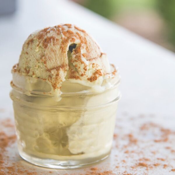Glass container filled with matcha green tea ice cream with cinnamon sprinkled all over the top sitting on marble surface