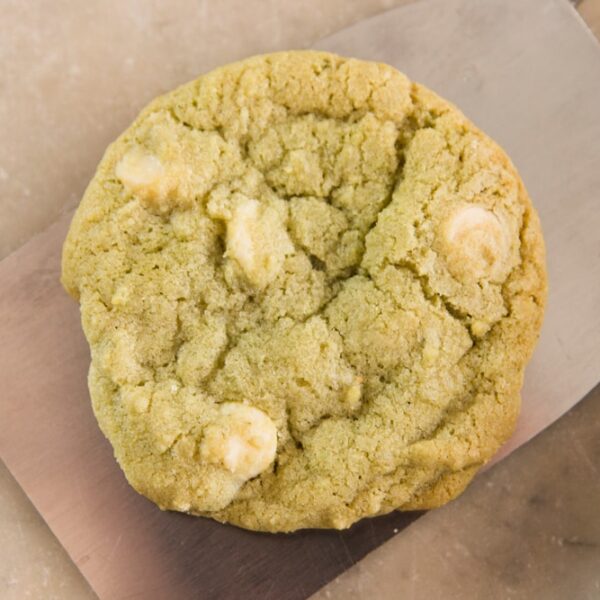 Light green colored matcha green tea cookie sitting on metal spatula on marble surface with white chocolate pieces in cookie