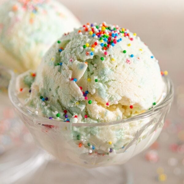 Glass bowl filled with two scoops of birthday cake ice cream with small sprinkles all over the top.