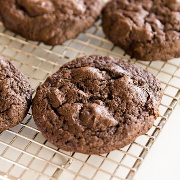 Spicy dark chocolate cookies sitting on wire cooling rack with extra pepitas sitting on white surface