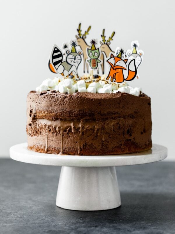 A s'mores ice cream cake covered in chocolate frosting, topped with torched marshmallows and birthday animal figurines on a white cake plate on a gray slate surface with white background
