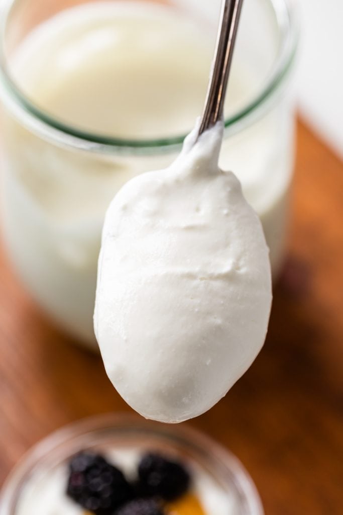 Spoon with big dollop of homemade yogurt on it with glass yogurt container in background on wood board