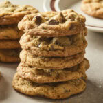 Stack of chocolate chip cookies with more cookies in the background.