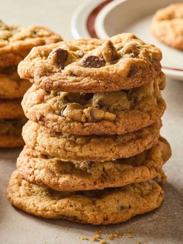 Stack of chocolate chip cookies.