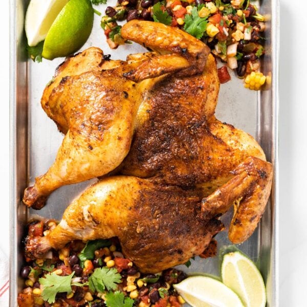 Top down view of orange colored grilled chicken sitting on steel container with limes and salsa around