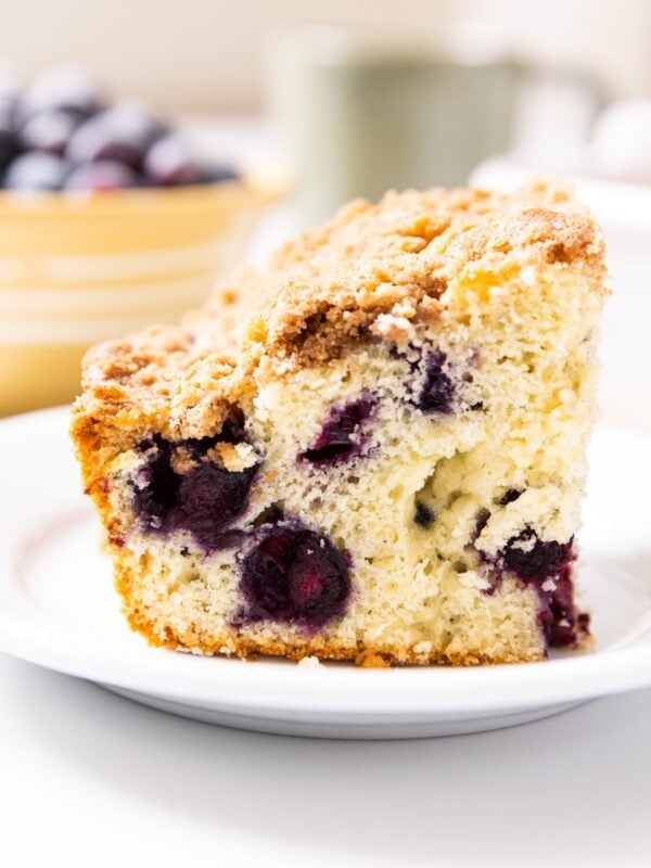 Side profile view of slice of blueberry coffee cake sitting on white plate with blueberries showing on side with more blueberries in background
