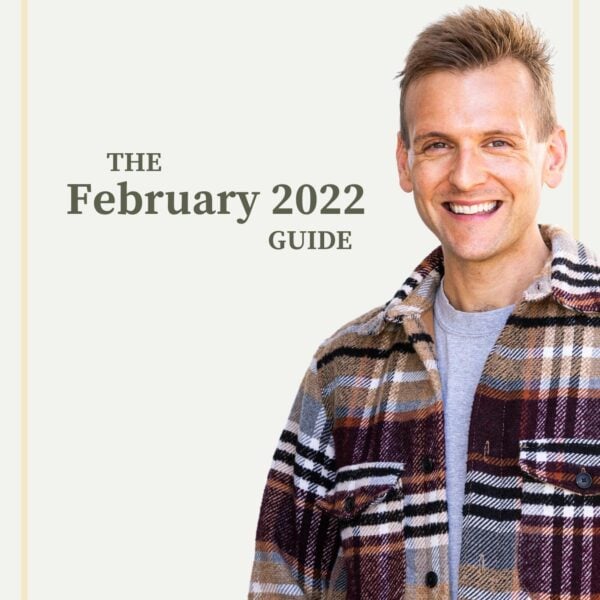 Picture with tan background with Kaleb Wyse in plaid coat with words The February 2022 Guide