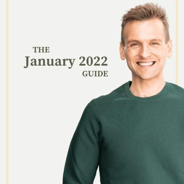 Tan background with Kaleb Wyse in green sweater standing in front with the words "January 2022 Guide"
