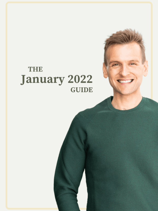 Tan background with Kaleb Wyse in green sweater standing in front with the words "January 2022 Guide"