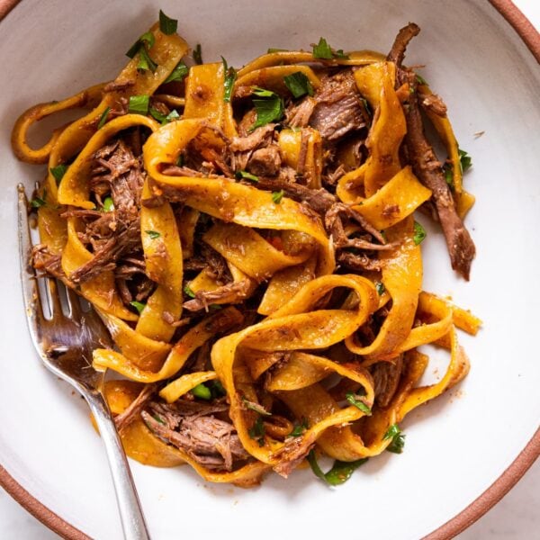 White bowl filled with beef and noodles with sprinkling of chopped parsley over the top with fork sitting in bowl as well.