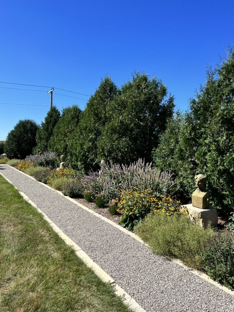 Gravel pathway with flowers and stone heads behind all outside.