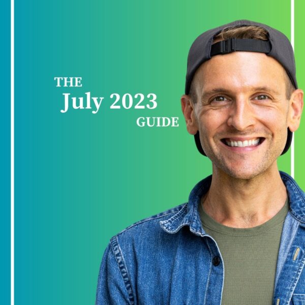 Kaleb Wyse wearing gray denim shirt with backwards black hand standing in front of gradient blue and green background with words "The July 2023 Guide".