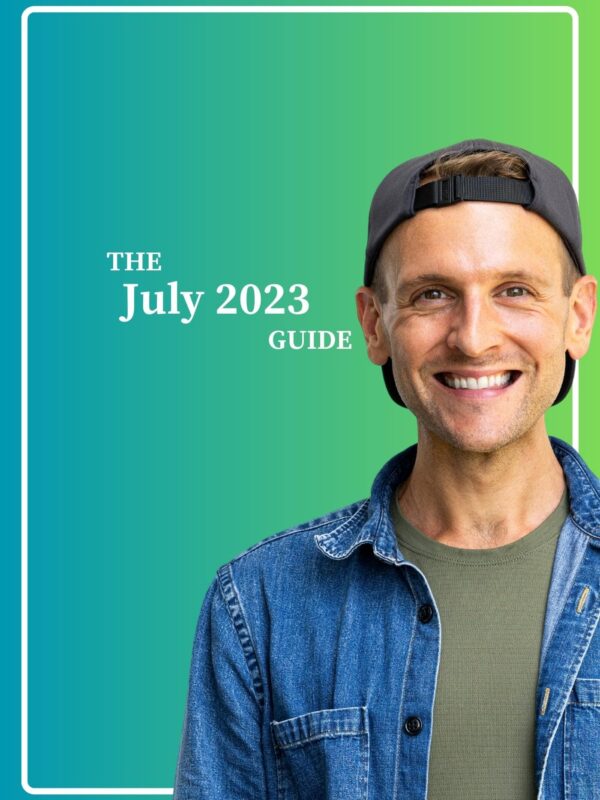 Kaleb Wyse wearing gray denim shirt with backwards black hand standing in front of gradient blue and green background with words "The July 2023 Guide".
