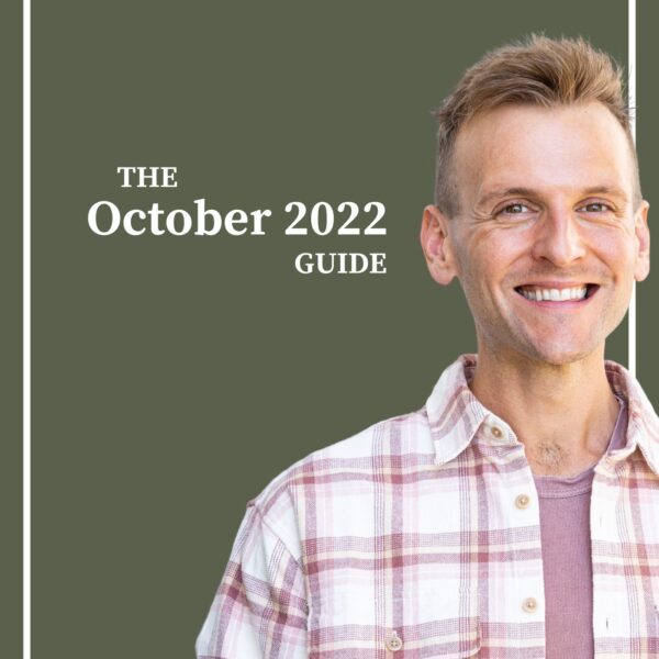 Kaleb Wyse wearing pink plaid shirt standing in front of dark green background with words "The October 2022 Guide".