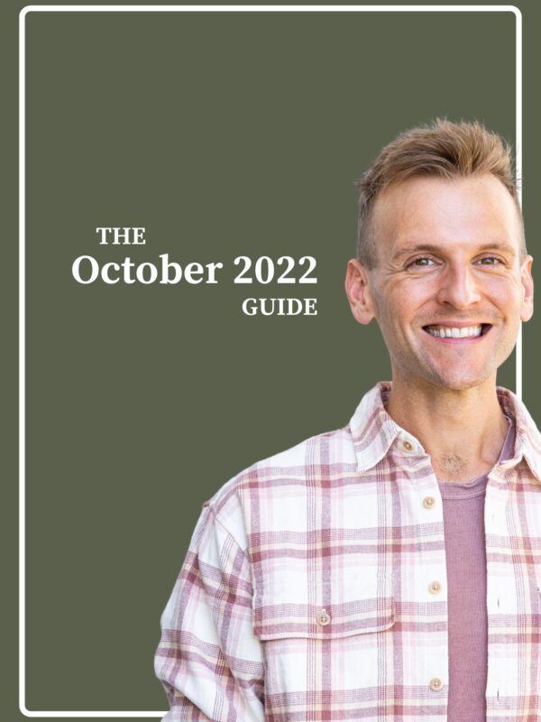 Kaleb Wyse wearing pink plaid shirt standing in front of dark green background with words "The October 2022 Guide".
