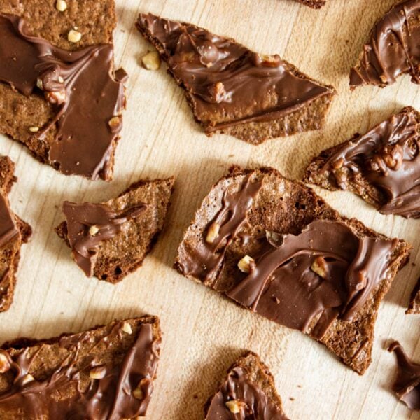 Thin pieces of crisp brownie scattered across a wooden table.