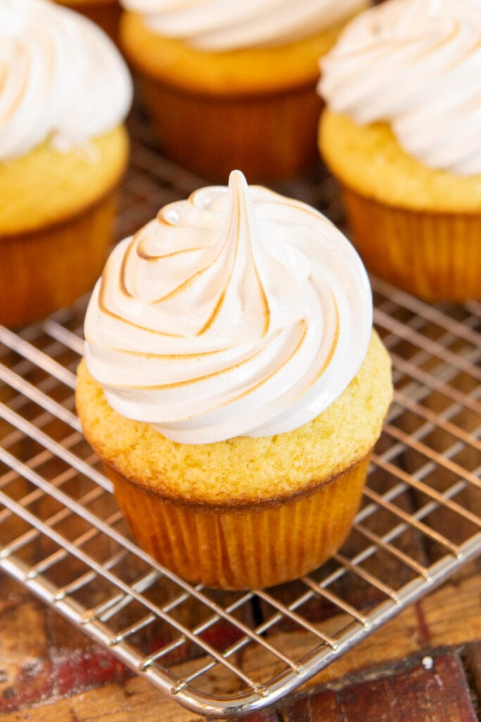 A cupcake with twirled frosting sits on a cooling rack.