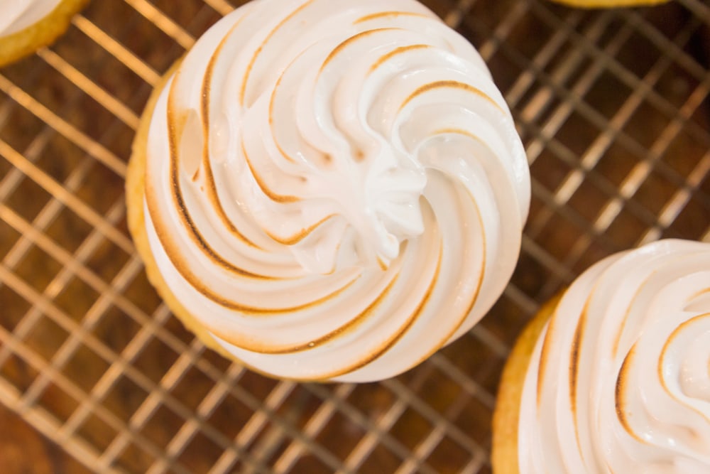 Meringue frosting on top of a cupcake.