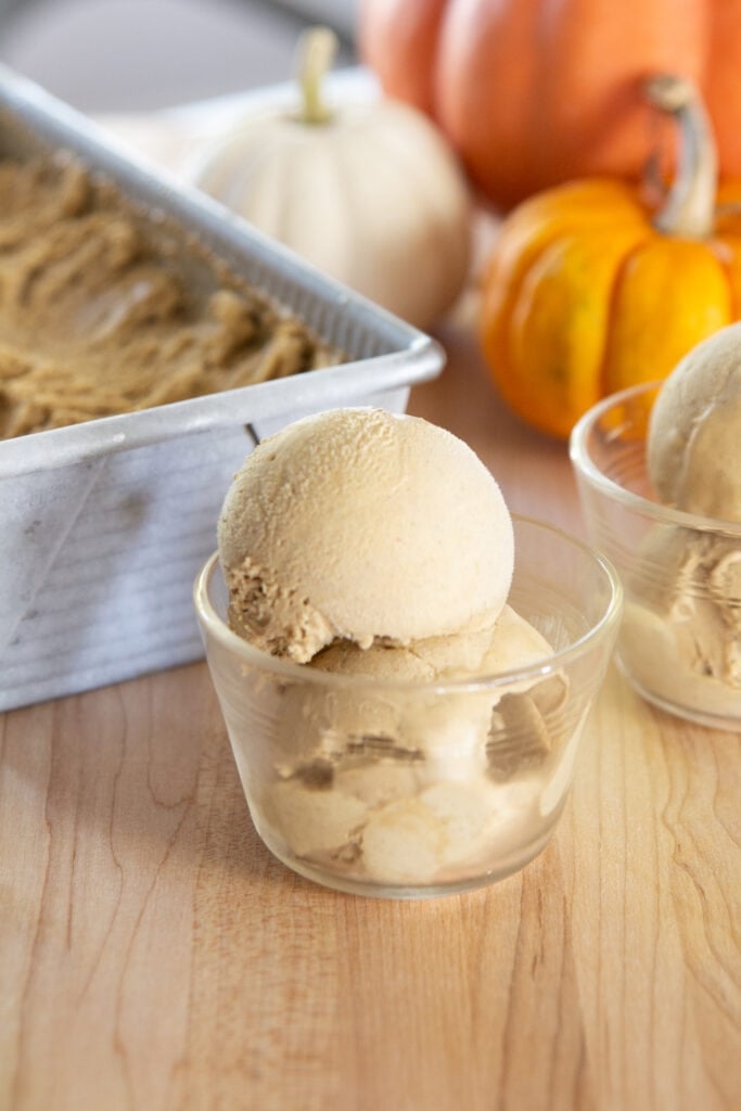 Scoops of ice cream sit in a dish in front of small pumpkins.