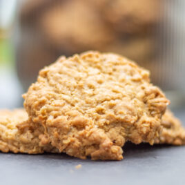 A cookie sits on a table.