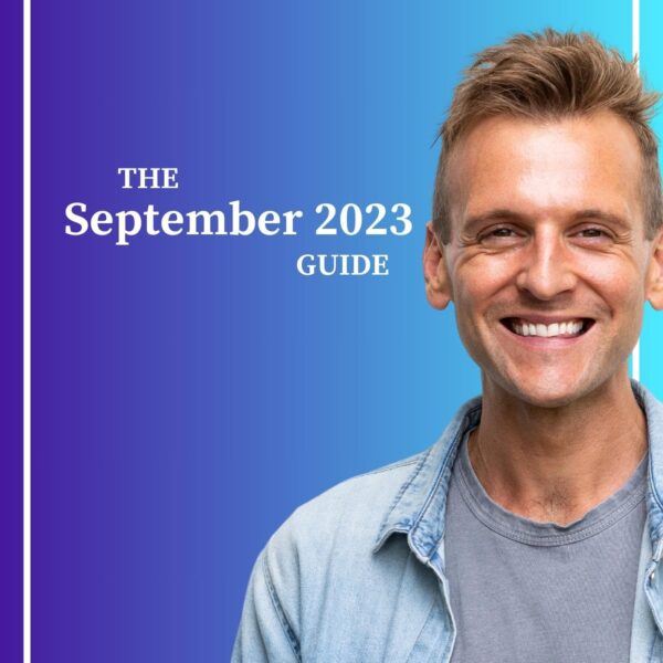 Kaleb Wyse wearing denim shirt standing in front of ombre blue to light blue background with the words The September 2023 Guide.