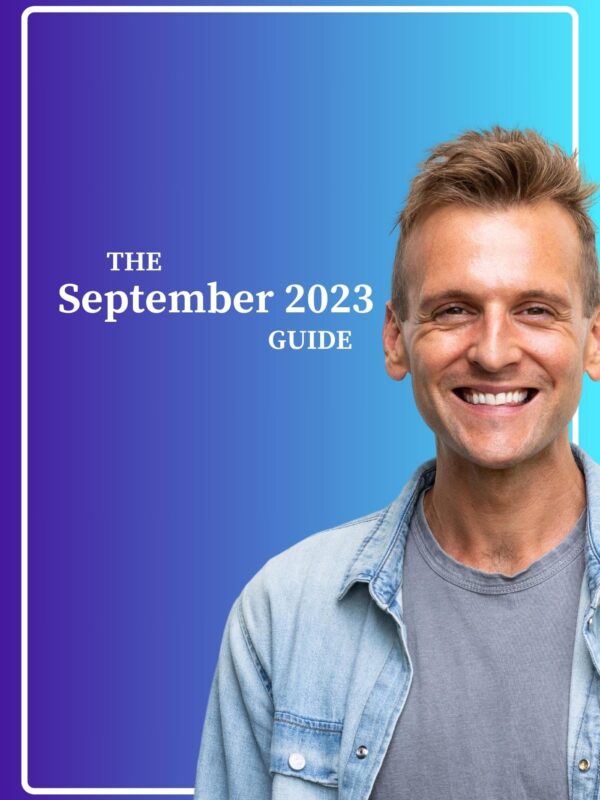 Kaleb Wyse wearing denim shirt standing in front of ombre blue to light blue background with the words The September 2023 Guide.