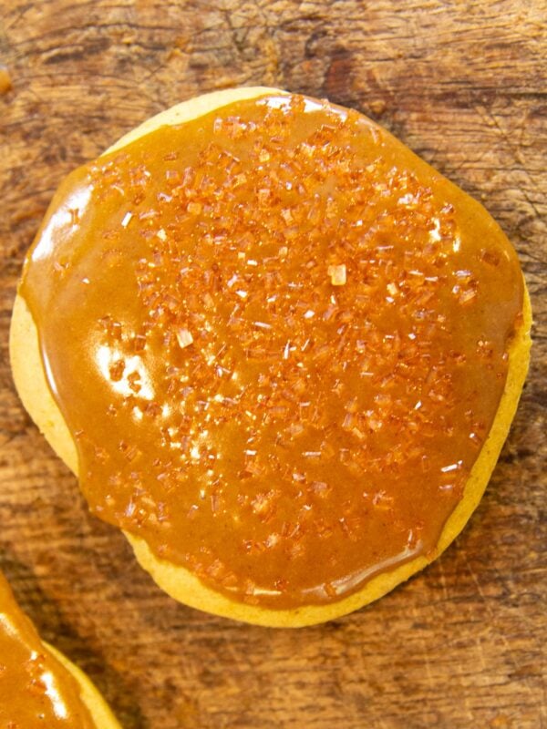 A cookie topped with a glaze.