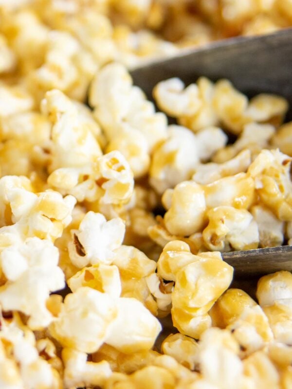 A close up of caramel corn.