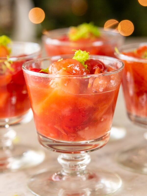 Spiced fruit in a glass dish.
