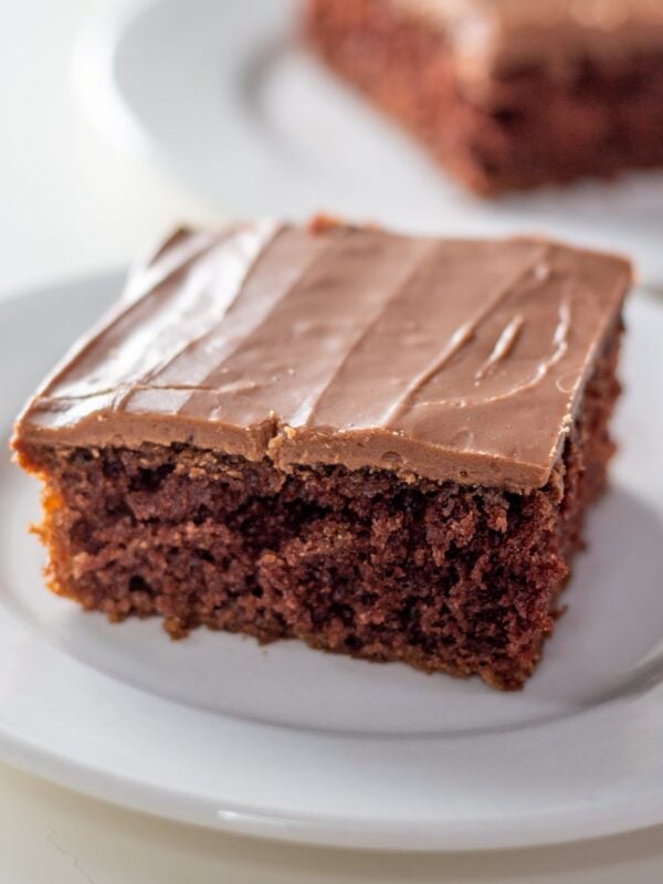 A slice of chocolate sheet cake on a plate.