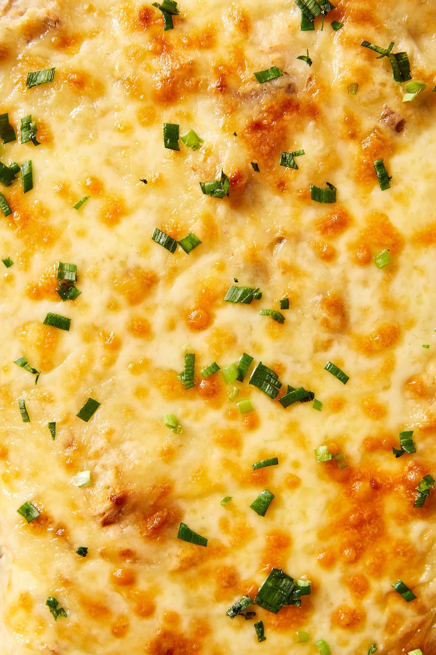 Bubbly cheese texture on top of French onion potato casserole with sprinkles of chopped parsley.