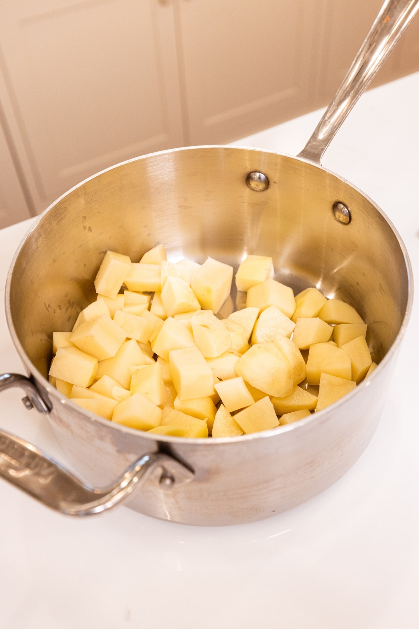 Diced potatoes sitting in a large metal stockpot on a white surface.