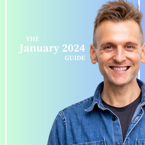 Kaleb Wyse wearing denim shirt with black undershirt standing in front of ombre light blue to darker blue background with the words The January 2024 Guide.