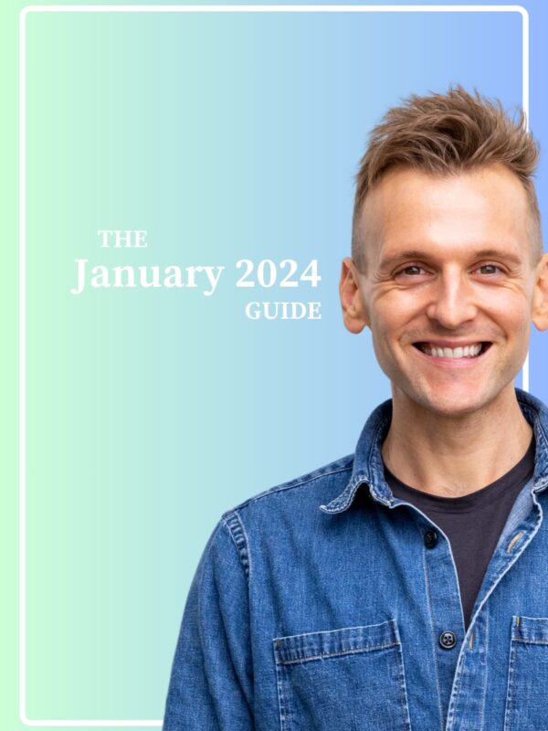 Kaleb Wyse wearing denim shirt with black undershirt standing in front of ombre light blue to darker blue background with the words The January 2024 Guide.