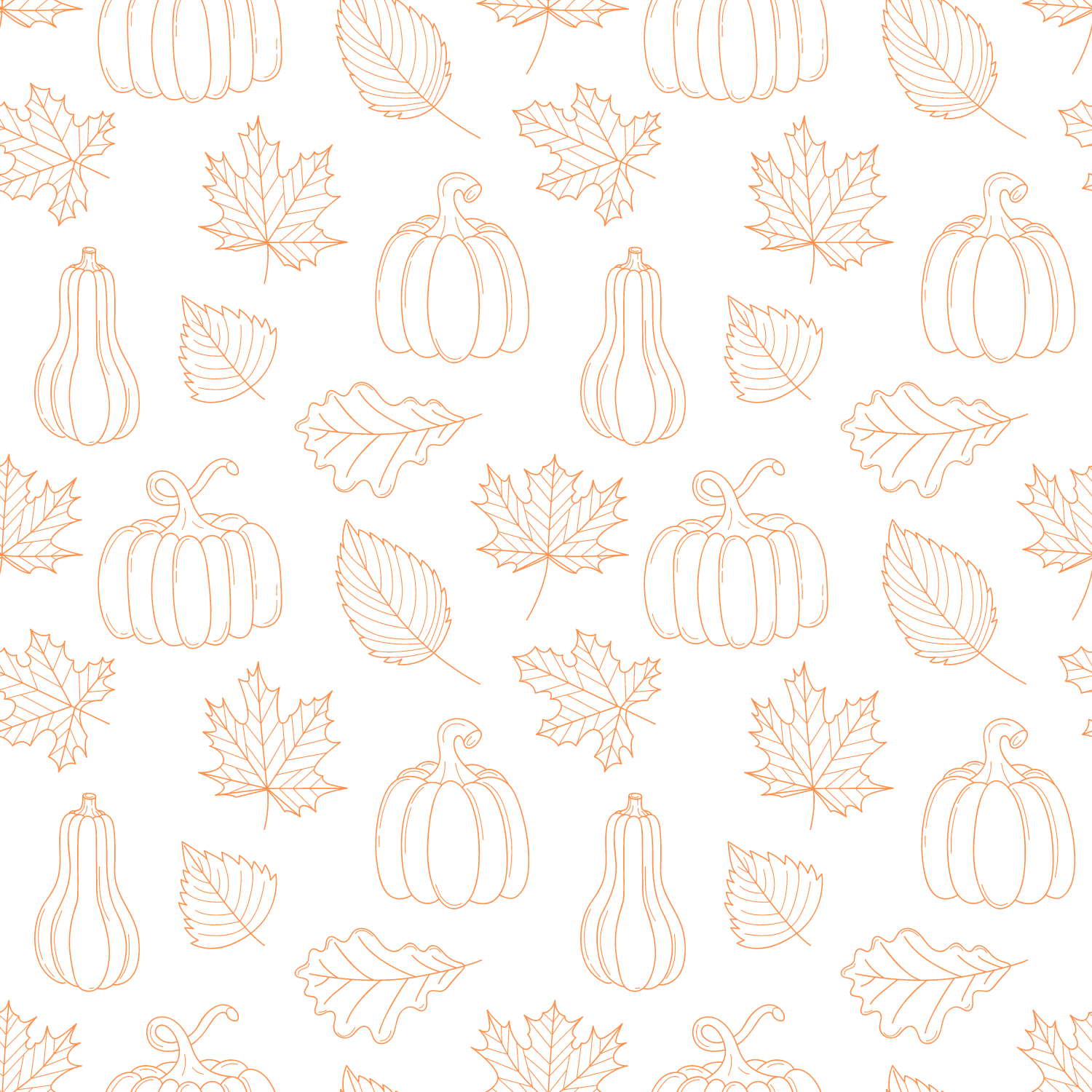 Repeating design of fall-themed icons including pumpkins, leaves, gourds, and more.
