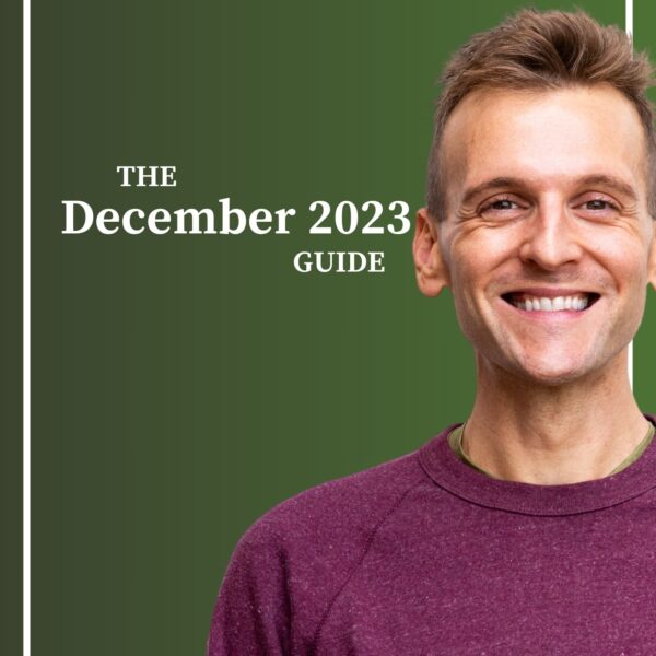 Kaleb Wyse wearing purple sweatshirt standing in front of a green background with the words The December 2023 Guide.