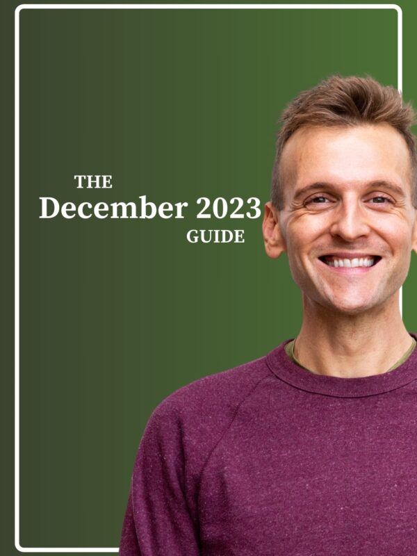 Kaleb Wyse wearing purple sweatshirt standing in front of a green background with the words The December 2023 Guide.
