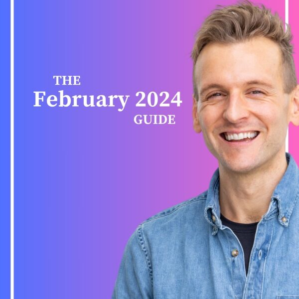 Kaleb Wyse wearing denim shirt standing in front of ombre purple and blue background with the words The February 2024 Guide.