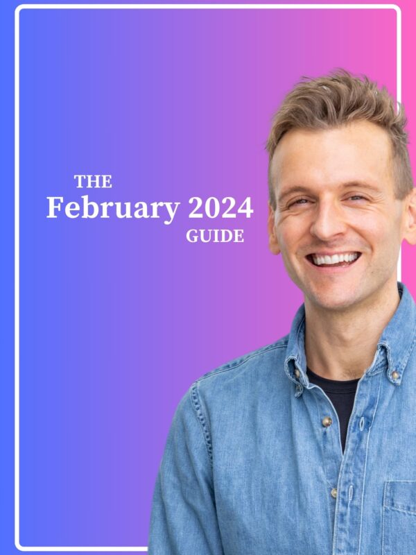 Kaleb Wyse wearing denim shirt standing in front of ombre purple and blue background with the words The February 2024 Guide.