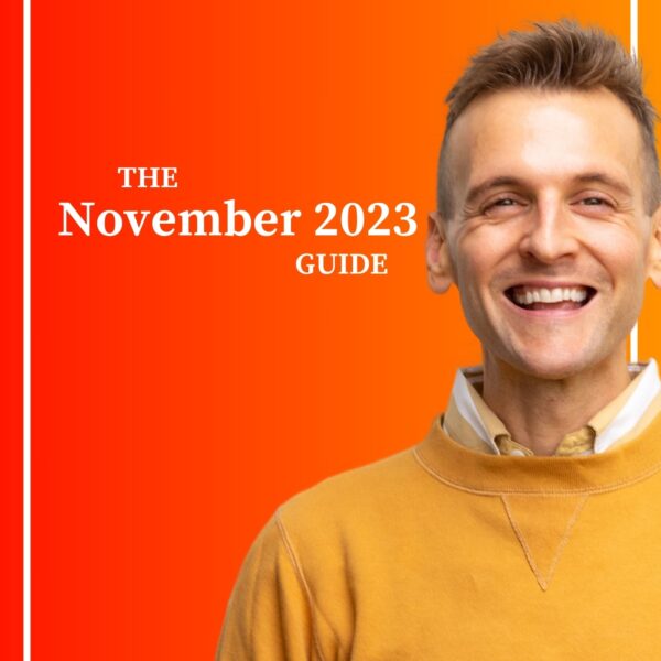 Kaleb Wyse standing in front of orange and yellow ombre background wearing yellow sweater with the words The November 2023 Guide.