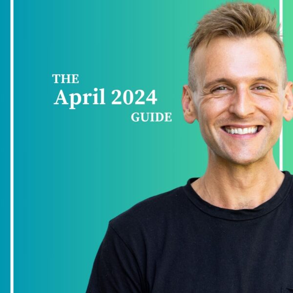 Kaleb Wyse wearing black shirt standing in front of ombre blue background with the words "The April 2024 Guide".
