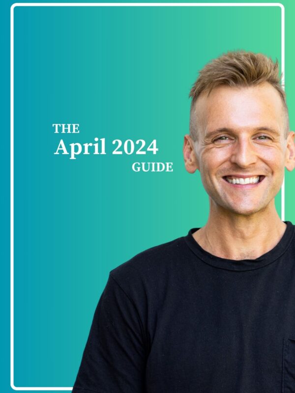 Kaleb Wyse wearing black shirt standing in front of ombre blue background with the words "The April 2024 Guide".