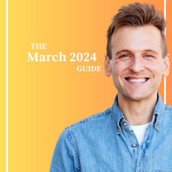 Kaleb Wyse wearing blue denim shirt standing in front of ombre yellow to orange background with the words "The March 2024 Guide".