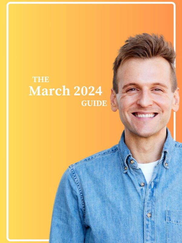 Kaleb Wyse wearing blue denim shirt standing in front of ombre yellow to orange background with the words "The March 2024 Guide".