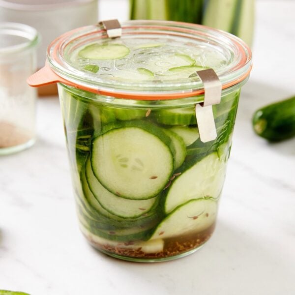 Glass jar filled with chips of dill pickles with lid and clips on top with pickle supplies all around.