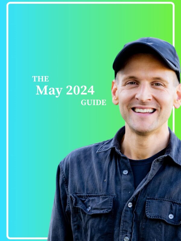 Kaleb Wyse wearing all black standing in front of blue to green ombre background with the words "The May 2024 Guide".